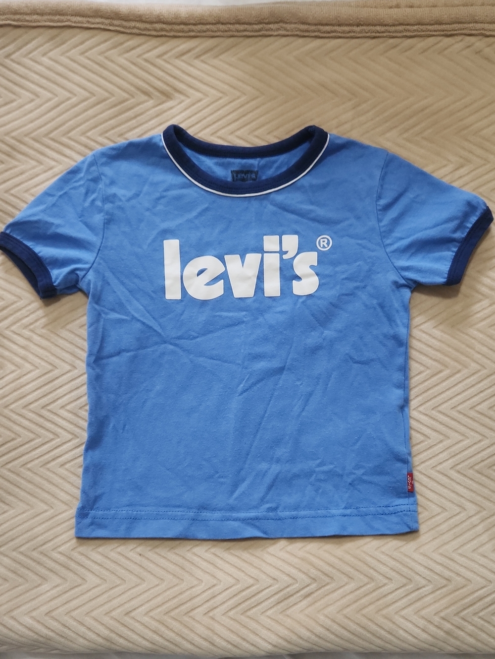 Toddler Kids Girl Boy Levi's Blue Graphic Ringer Logo Tee with Navy Trim Size 3T